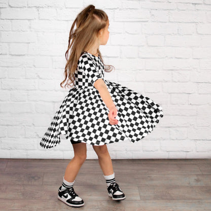 MID SLEEVE TWIRL DRESS- B+W Check