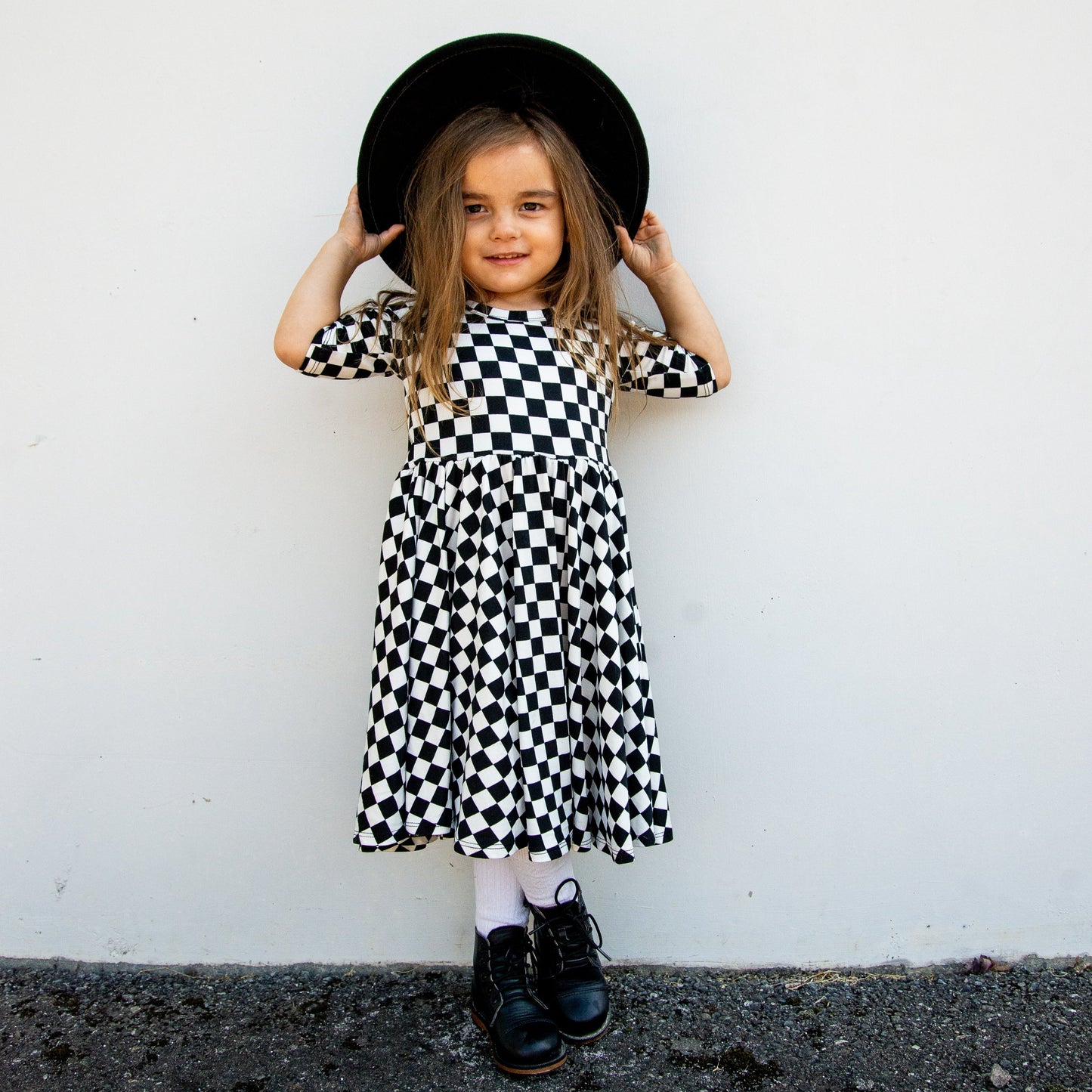 MID SLEEVE TWIRL DRESS- B+W Check